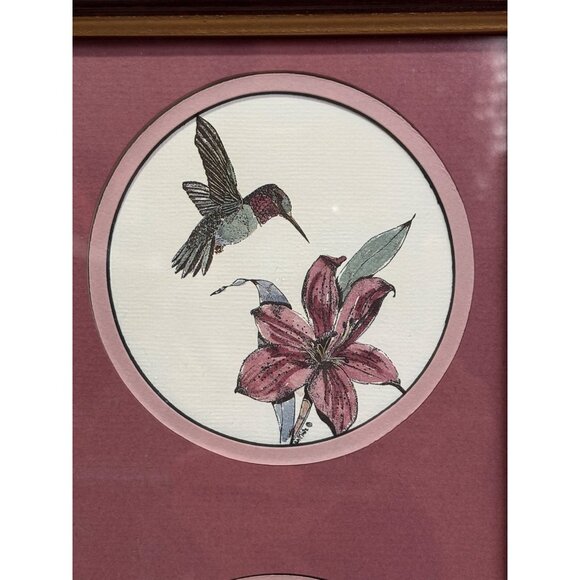 Framed Jean Miste Prints With Hummingbird & Butterfly Floral Designs In Burgundy - Picture 7 of 8